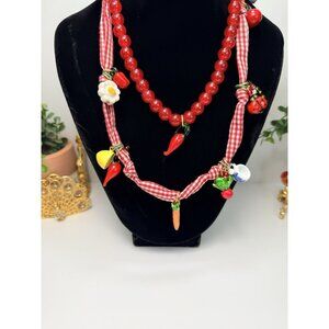 ZARA Red Beaded Gingham Vegetable Charm Layered Necklace Set